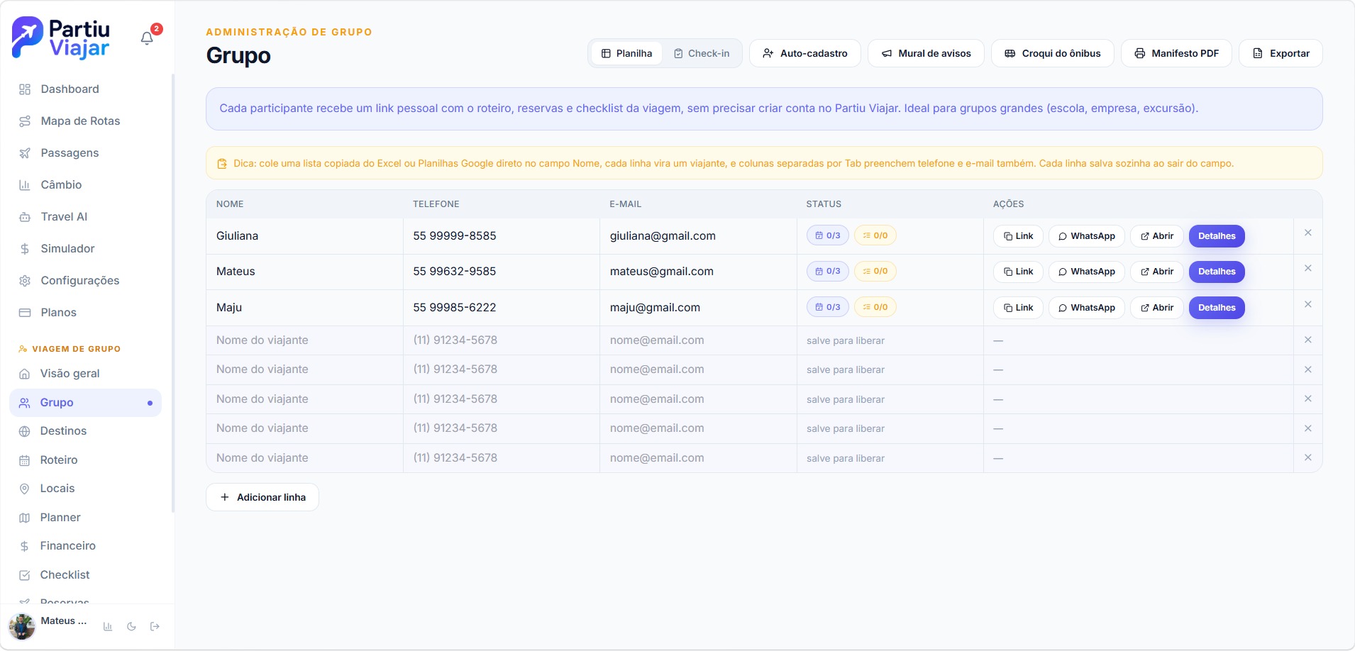 Group management in Partiu Viajar, with participant list and status