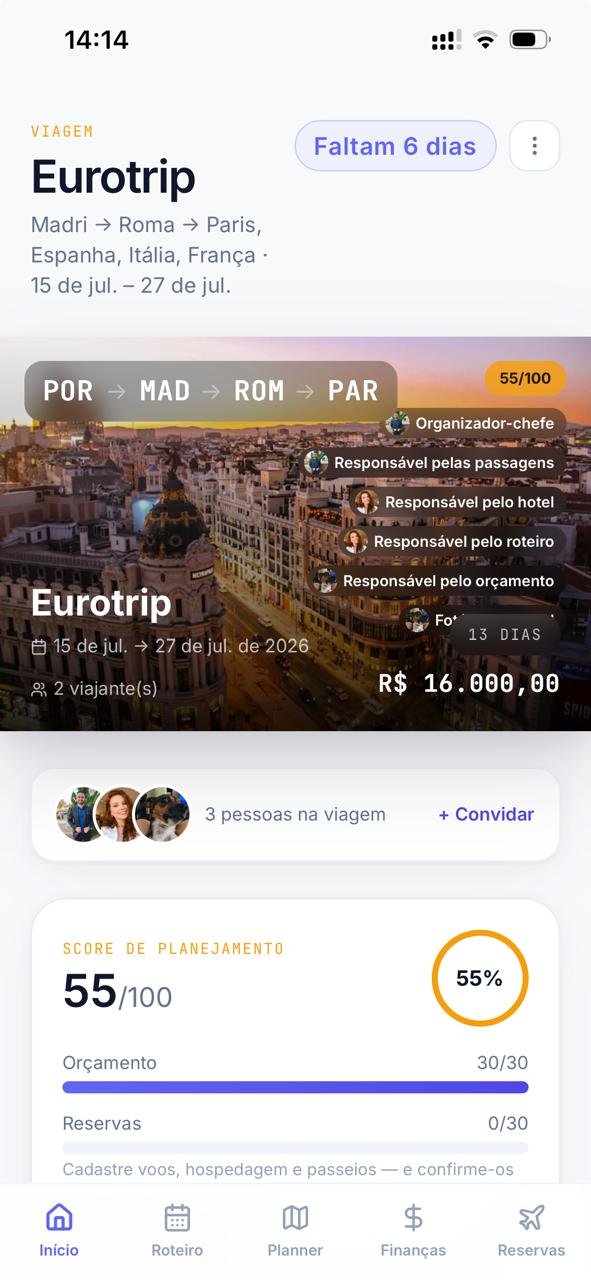 Partiu Viajar no celular, mostrando a visão geral de uma viagem